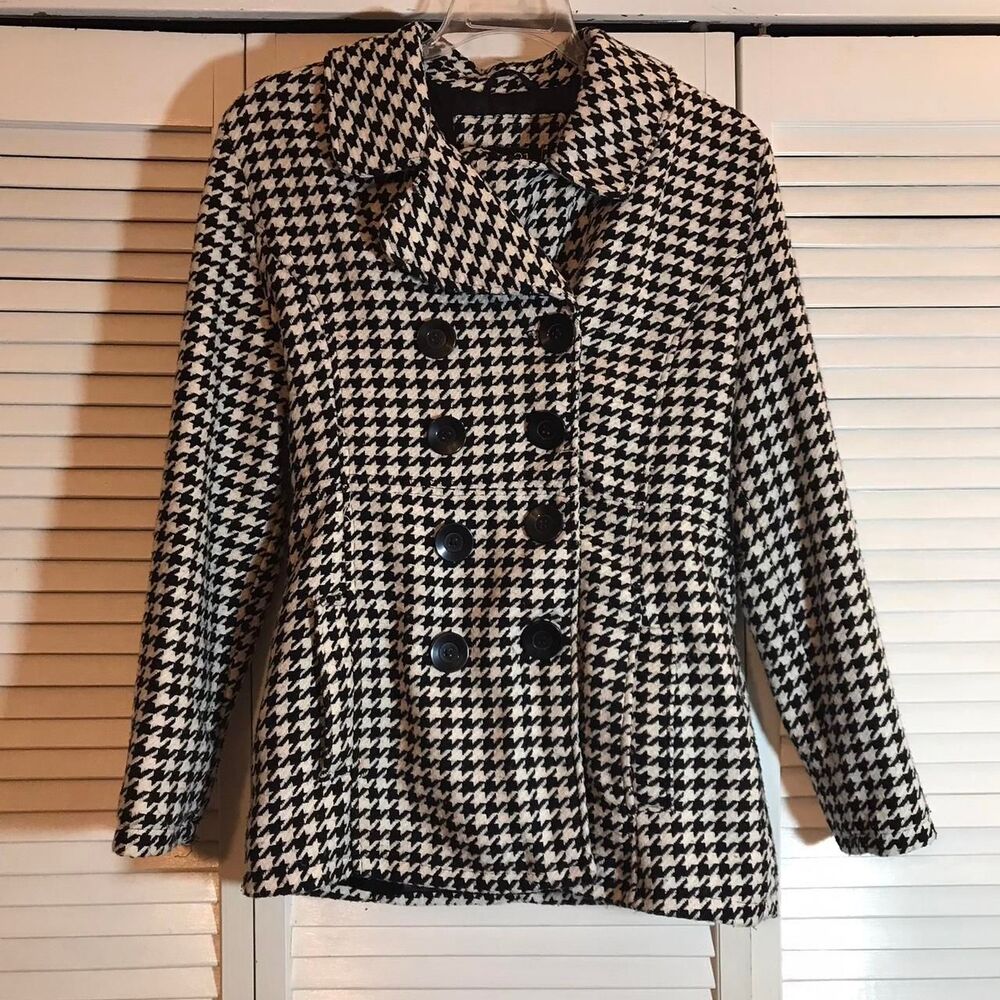 Rue 21 Women's Black and White Houndstooth Double-Breasted Pea Coat Large - Picture 2 of 8